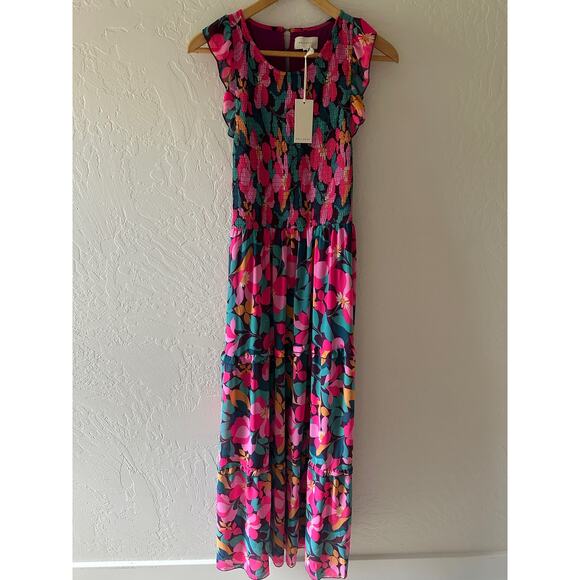 MELLODAY | Womens Colorful Midi Ruffled Tiered Smocked Bodice Dress Small Boho - Picture 15 of 15